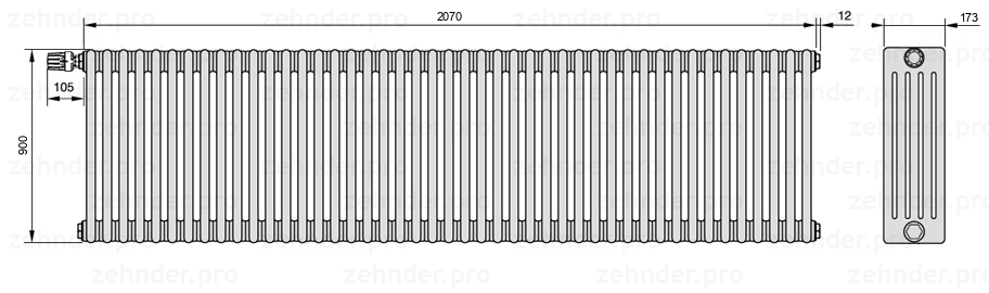 Схема (чертеж) Радиатор Zehnder Charleston 5090/45 №V012 Белый глянцевый RAL 9016